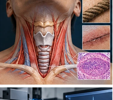 Ilustración conceptual: Compresión cervical y asfixia mecánica: hallazgos, artefactos e incertidumbre